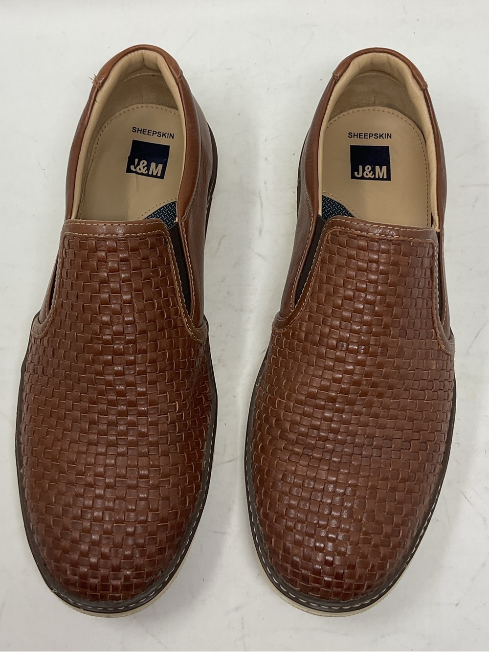 J&M Men’s Brown Woven Sheepskin Slip-On Loafers